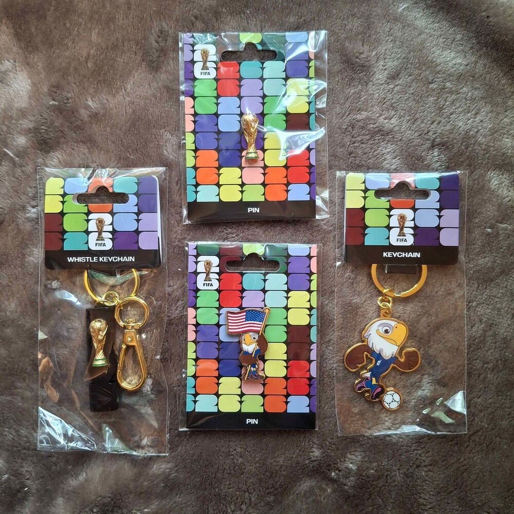 FIFA World Cup 2026 Official Pins & Keychains Lot of 4 - USA Mascot, Trophy, New